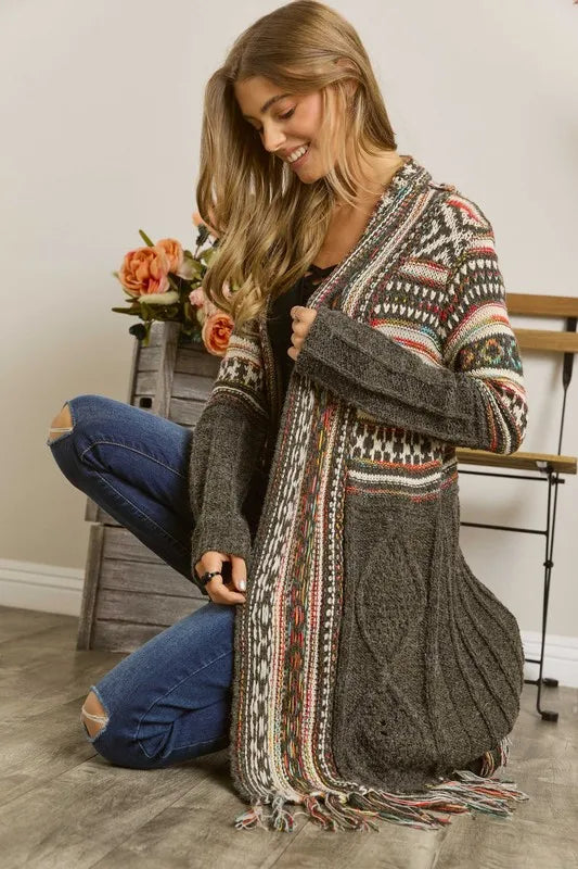 ADORA Full Size Fringe Hem Aztec Cardigan Plus Size.
