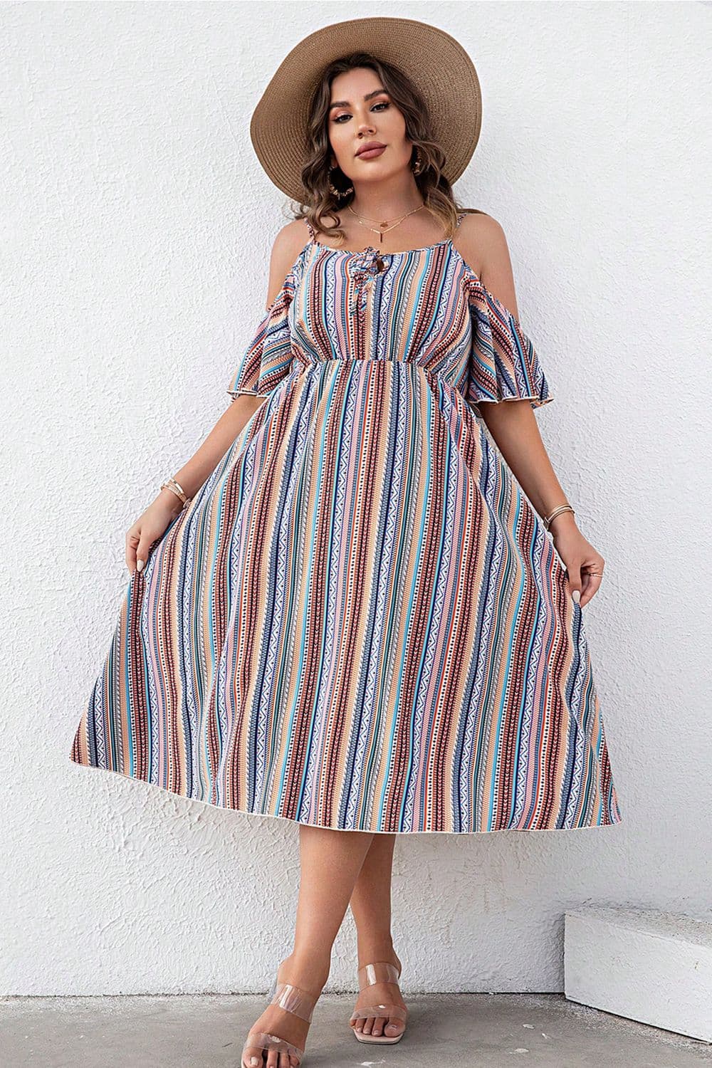 Plus Size Striped Cold-Shoulder Midi Dress (Curve Chic) - -