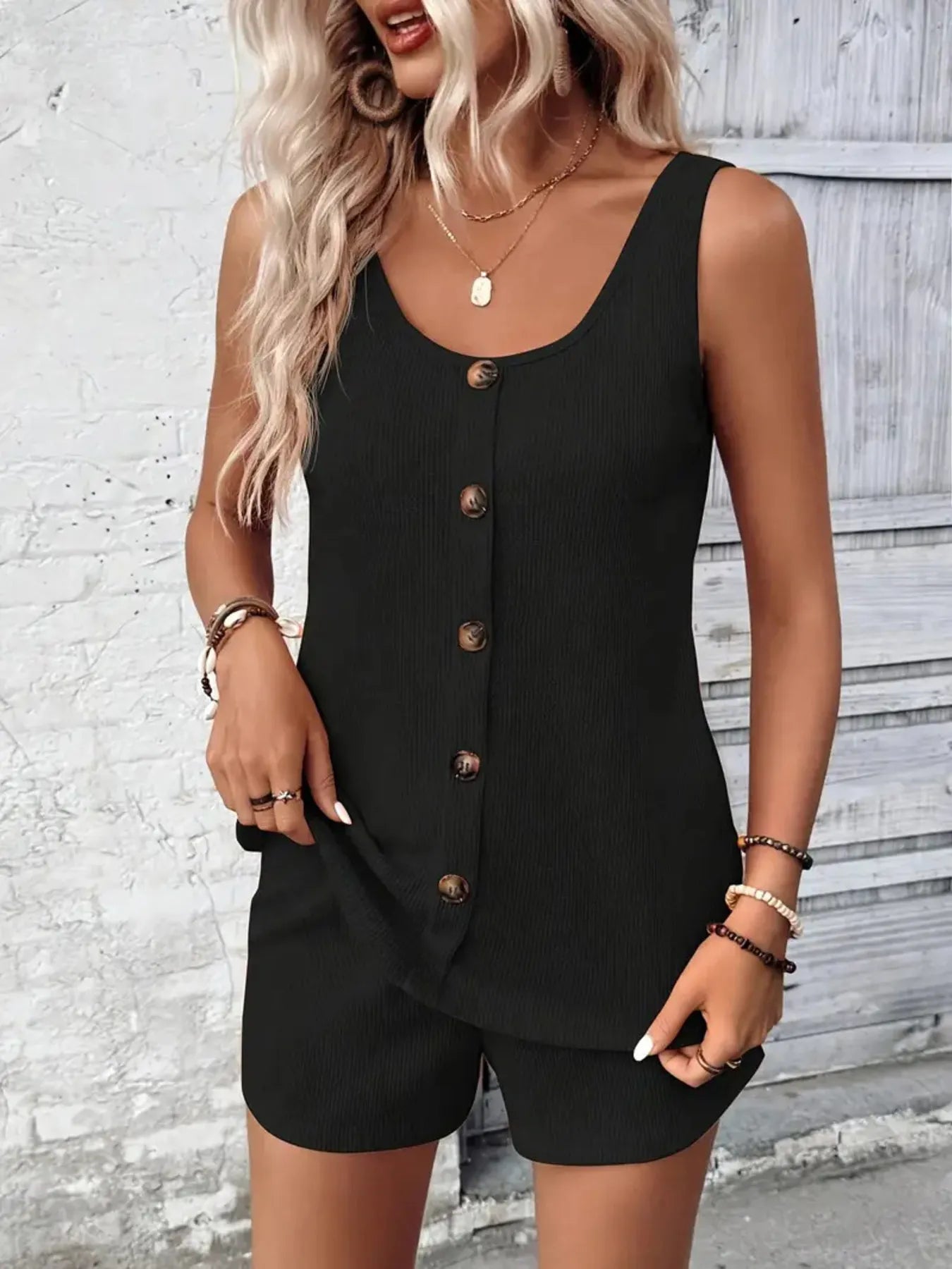 Scoop Neck Tank and Shorts Set - -