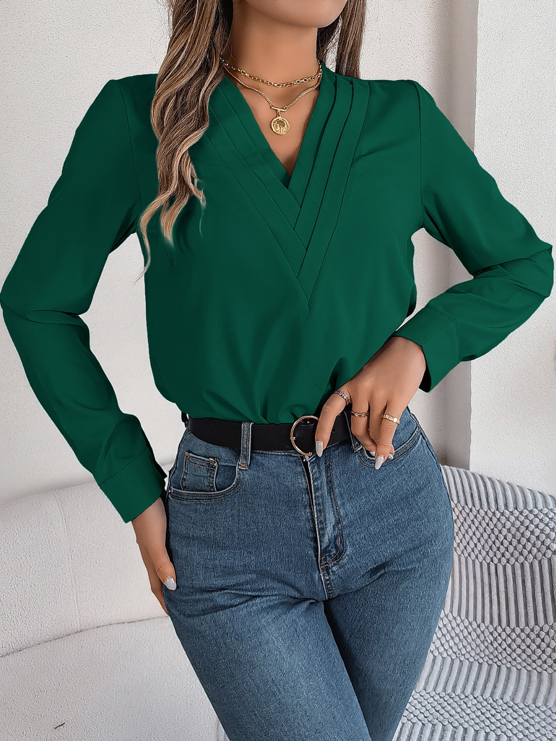 V-Neck Long Sleeve Blouse - -