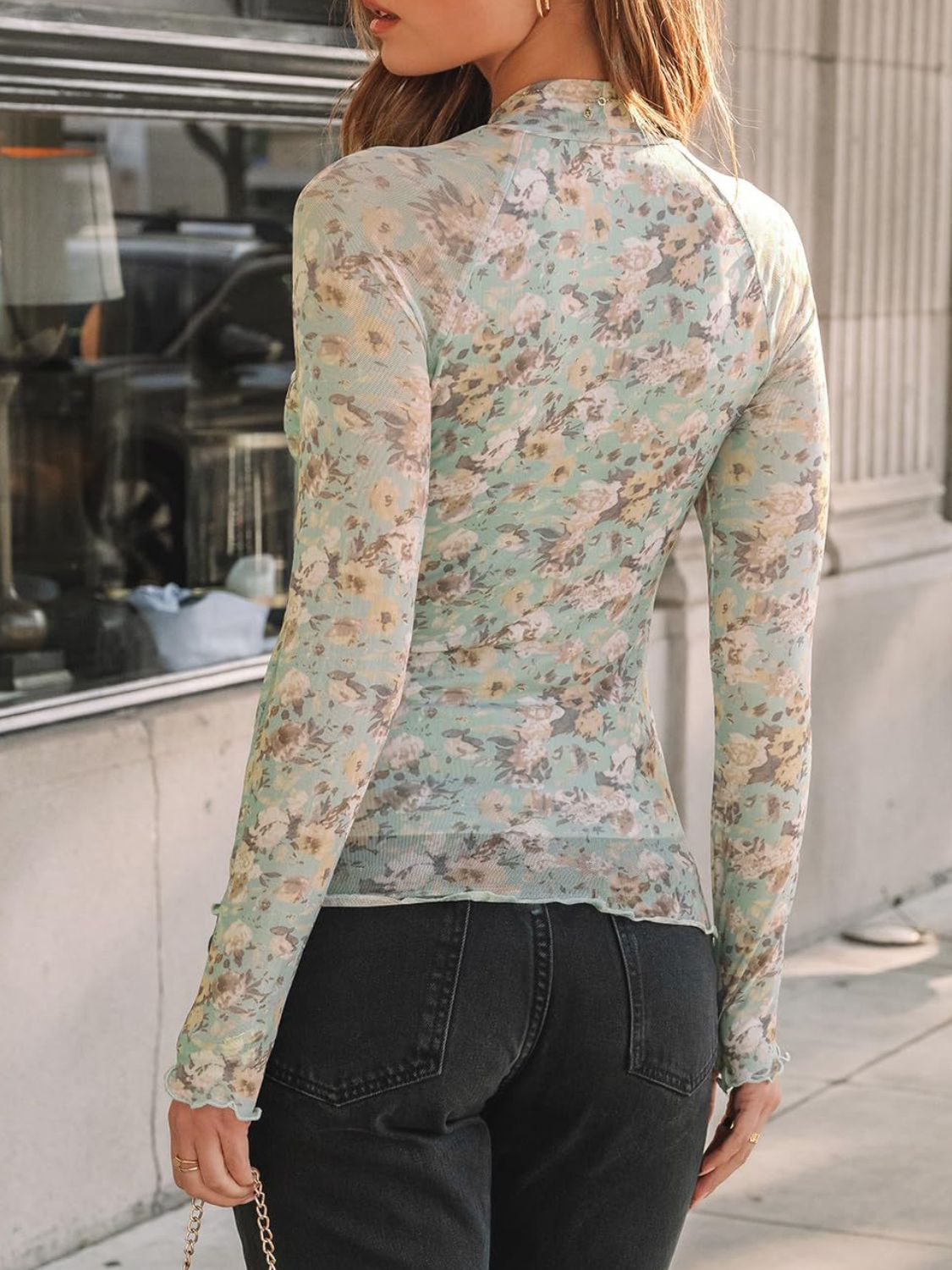 Floral Mock Neck Long Sleeve T-Shirt - -