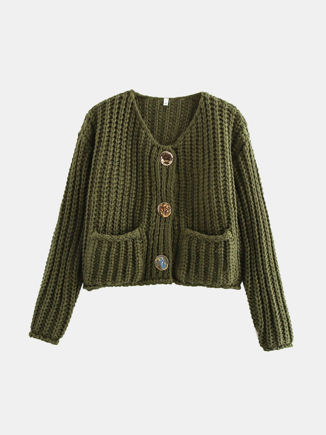Chunky Knit Button-Down Cardigan – Gold Accent & Soft Texture - -
