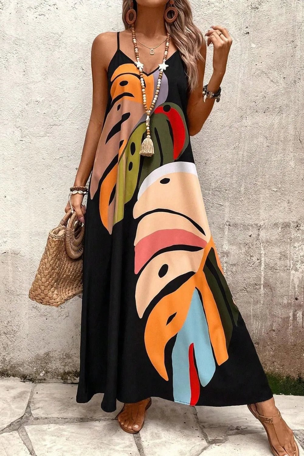 Tropical Leaf Print V-Neck Maxi Cami Dress – | Shannon’s Chique Boutique