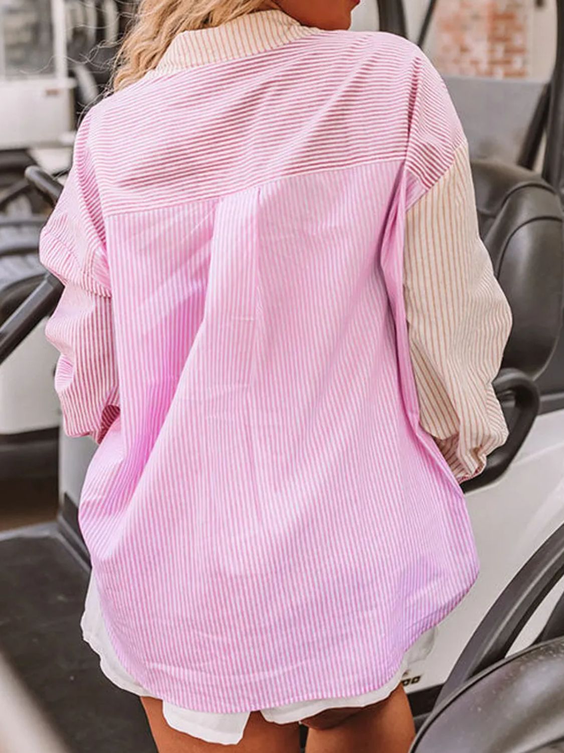 Plus Size Striped Collared Neck Long Sleeve Shirt - -