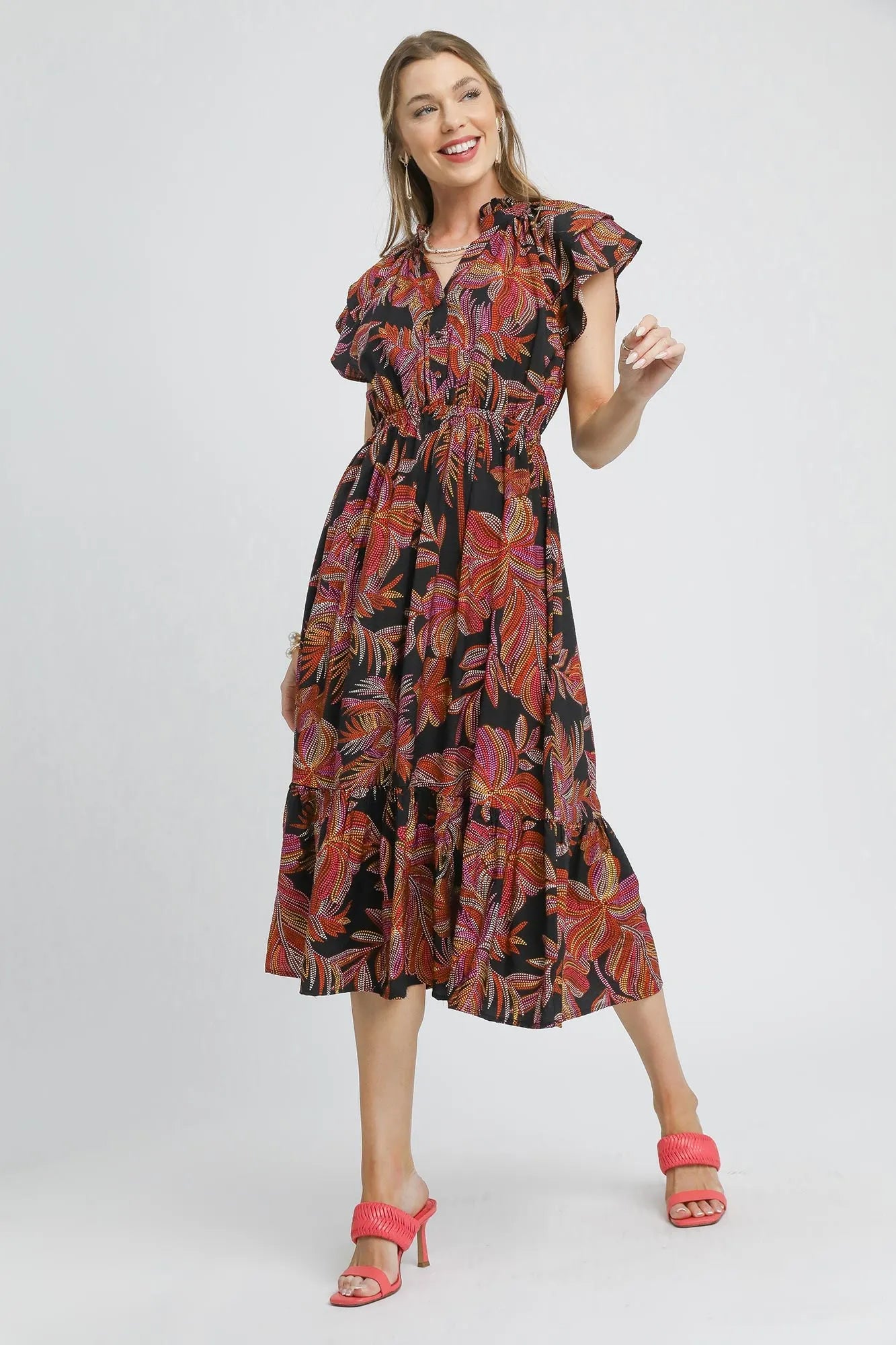 Umgee Mix Ruffle Sleeve Tropical Midi Dress – | Shannon’s Chique Boutique