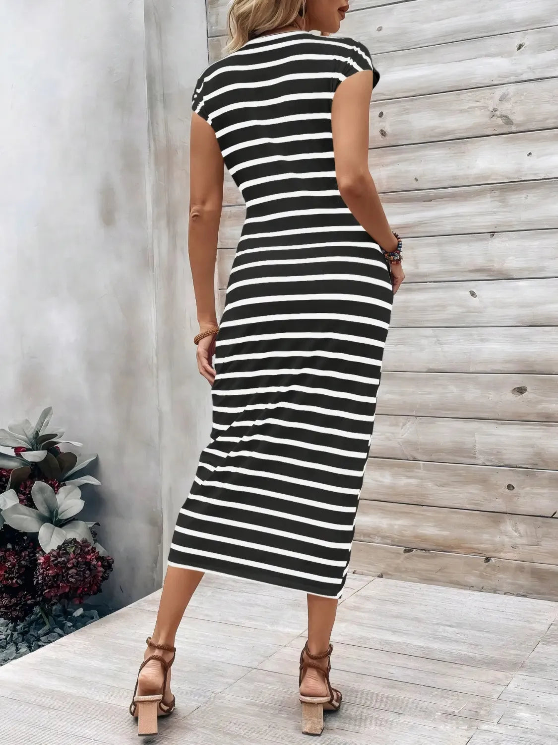 Pretty Chique Striped Midi Dress – Cap Sleeve Style - -