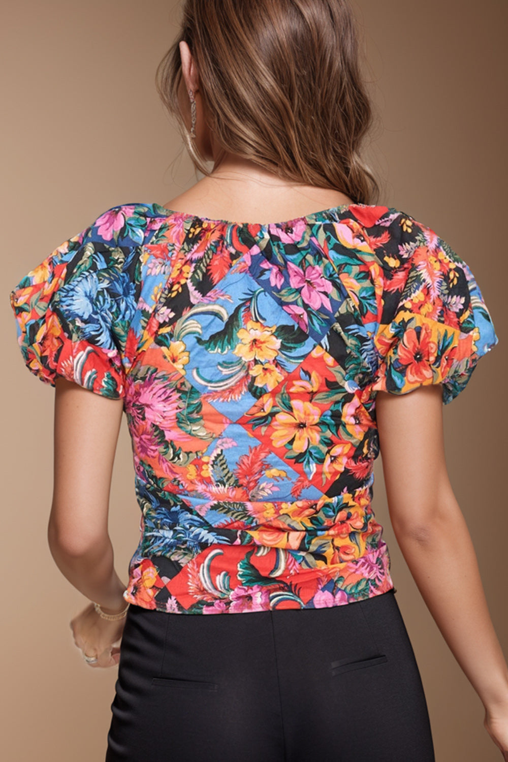 Ruched Printed V-Neck Short Sleeve Blouse - -