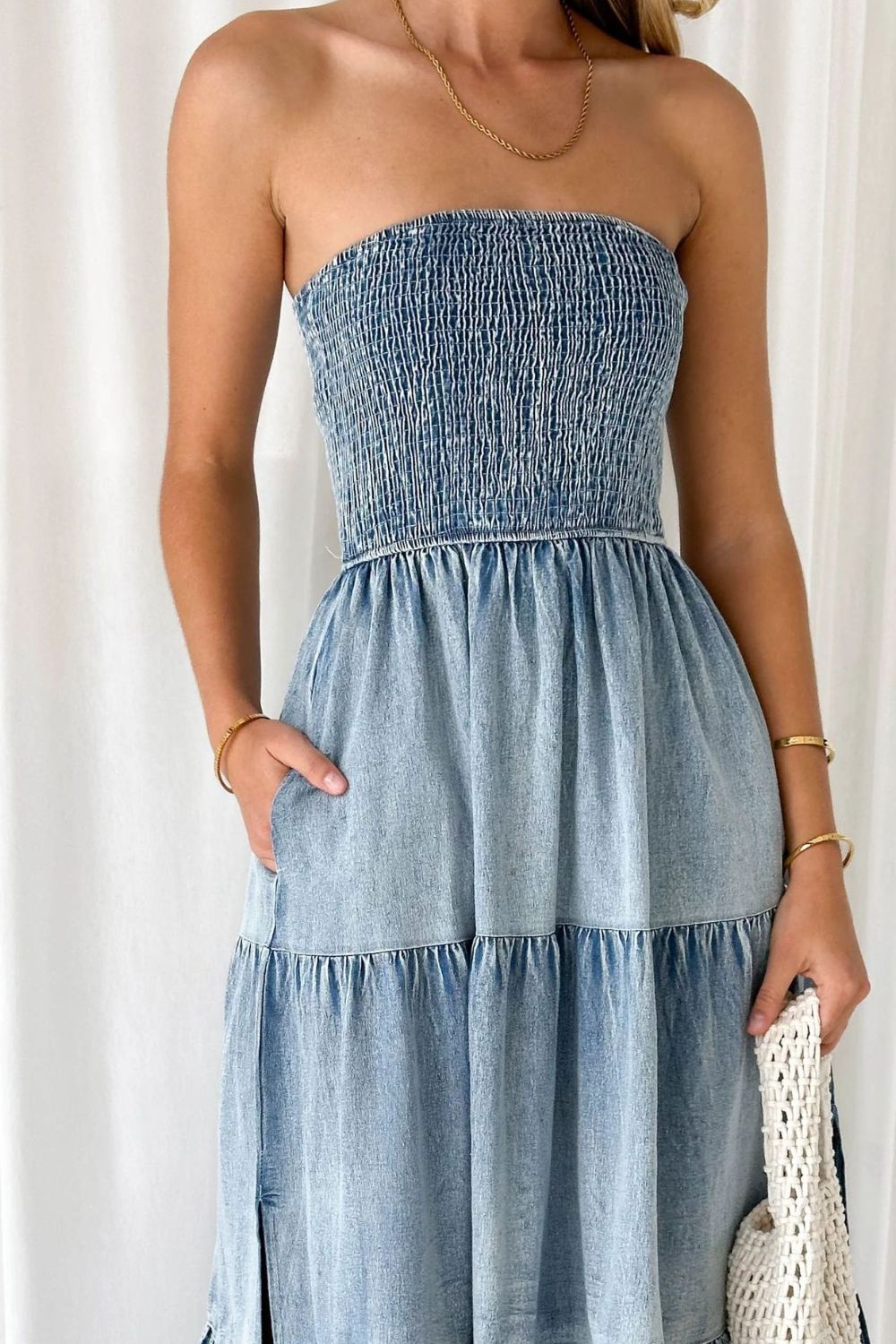 Smocked Tube Slit Tiered Denim Dress - -