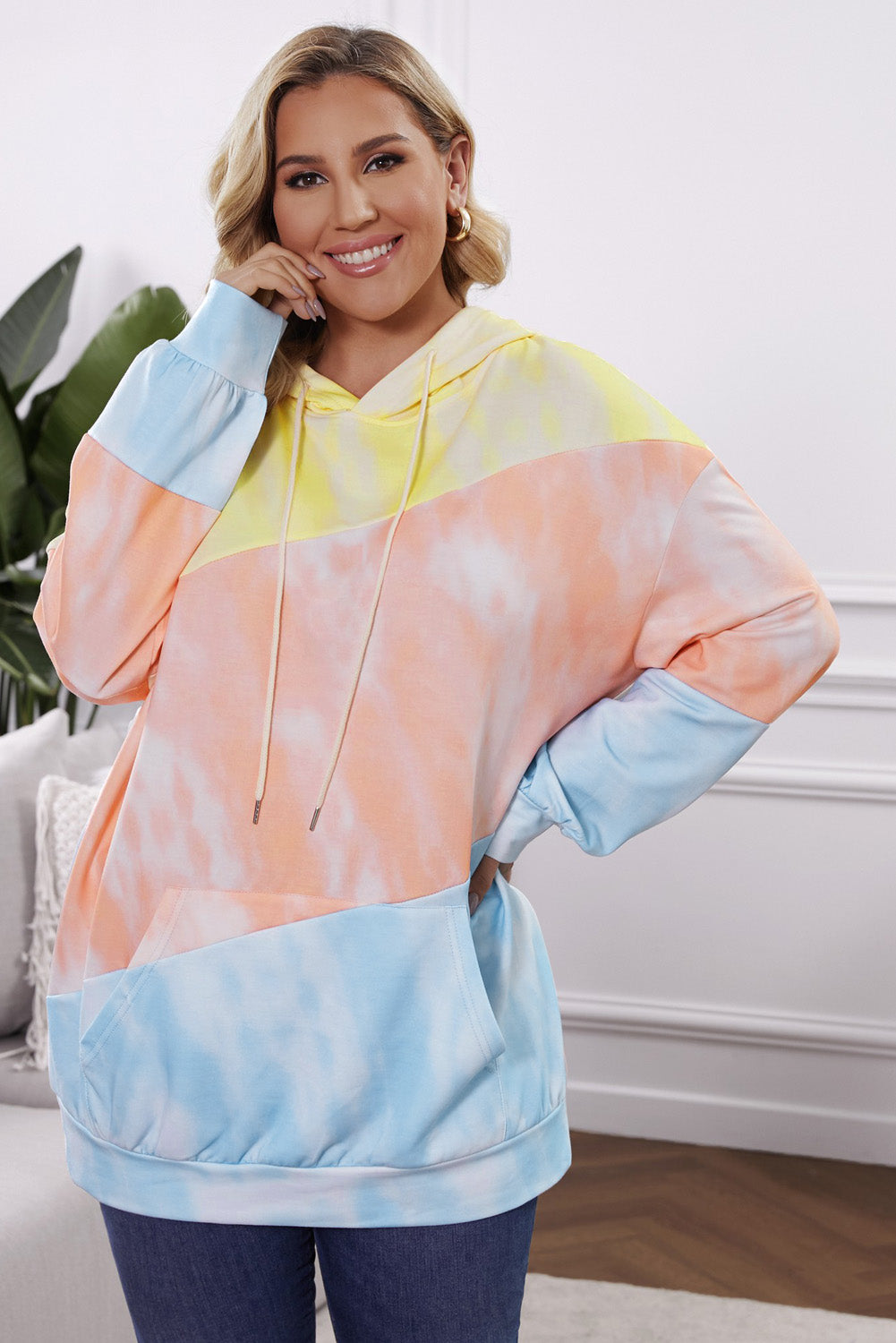 Plus Size Drawstring Color Block Dropped Shoulder Hoodie - -