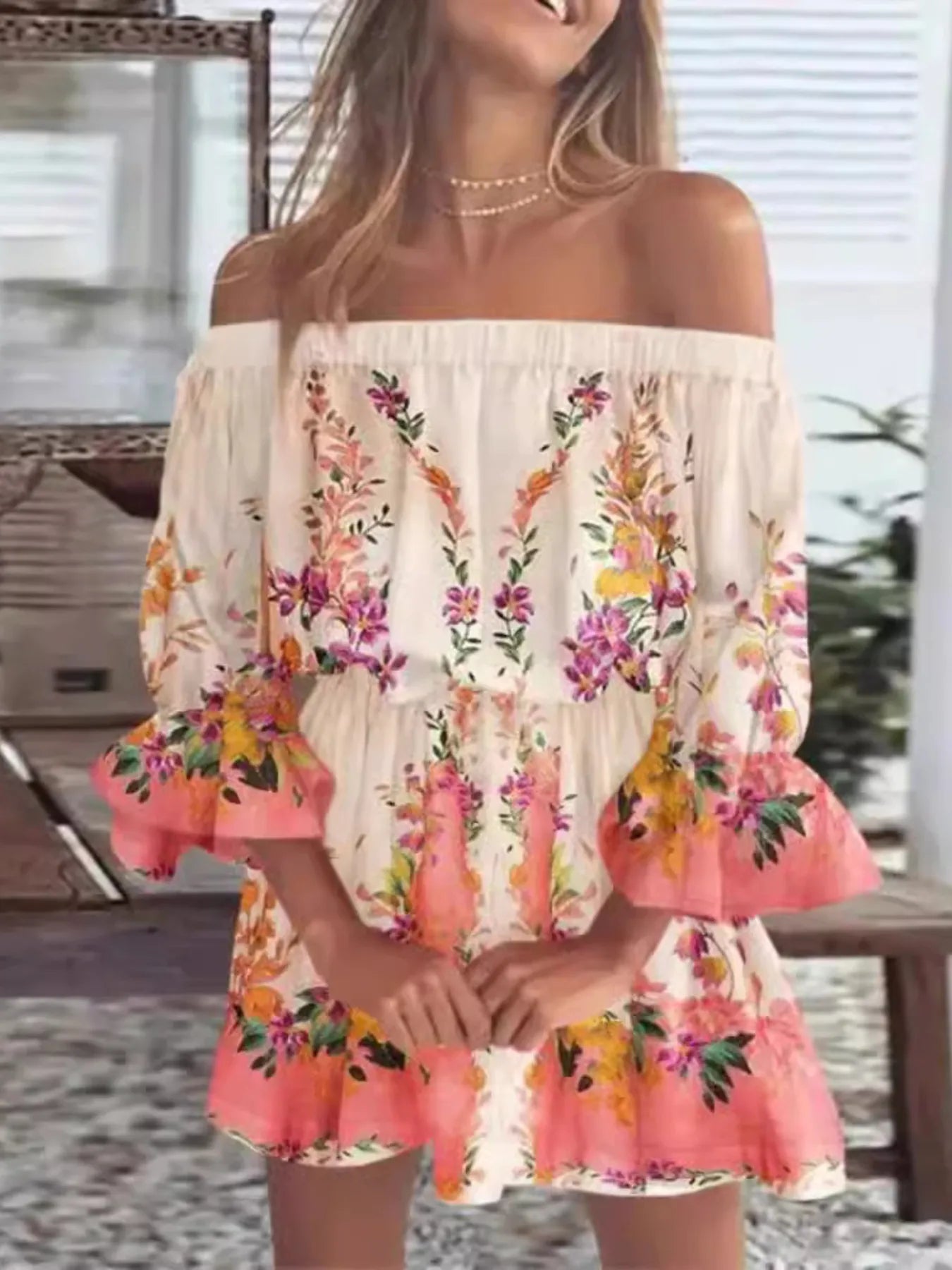 Full Size Floral Off-Shoulder Flounce Sleeve Mini Dress Plus Size - Tan -