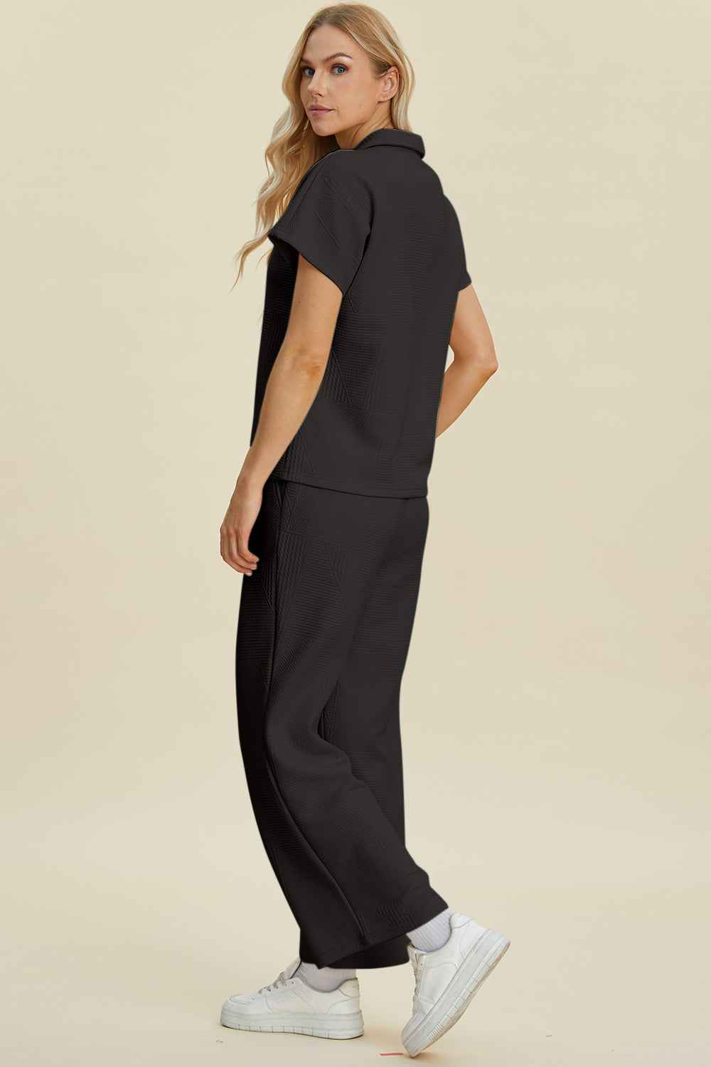Double Take Full Size Collared Neck Short Sleeve Top and Pants Set - -