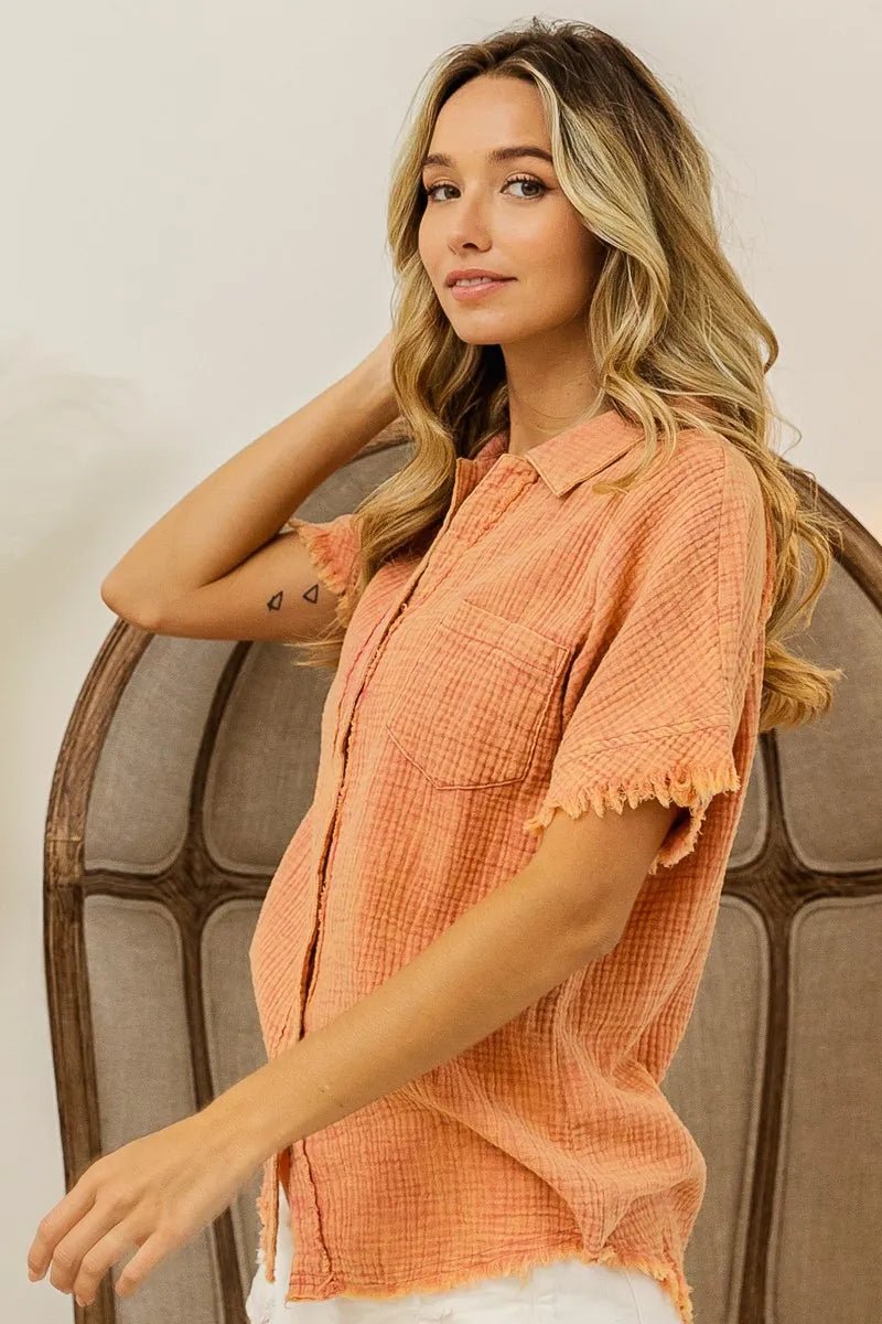BiBi Mineral Washed Buttoned Up Shirt Top - -