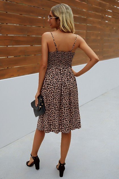 V Neck Spaghetti Strap Leopard Cut Out Midi Dress – | Shannon’s Chique Boutique