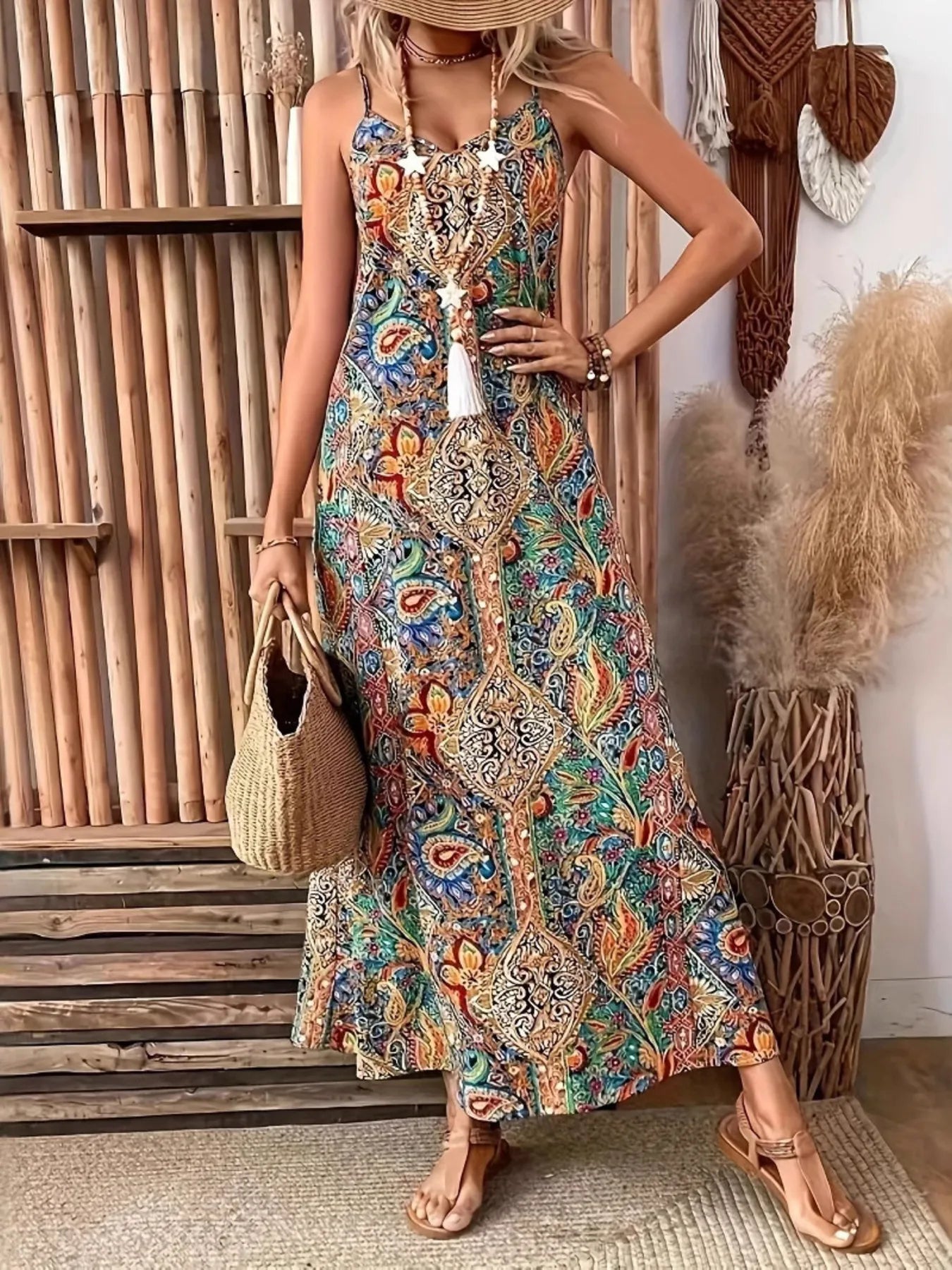 Woman wearing a colorful patterned dress in a rustic interior setting.