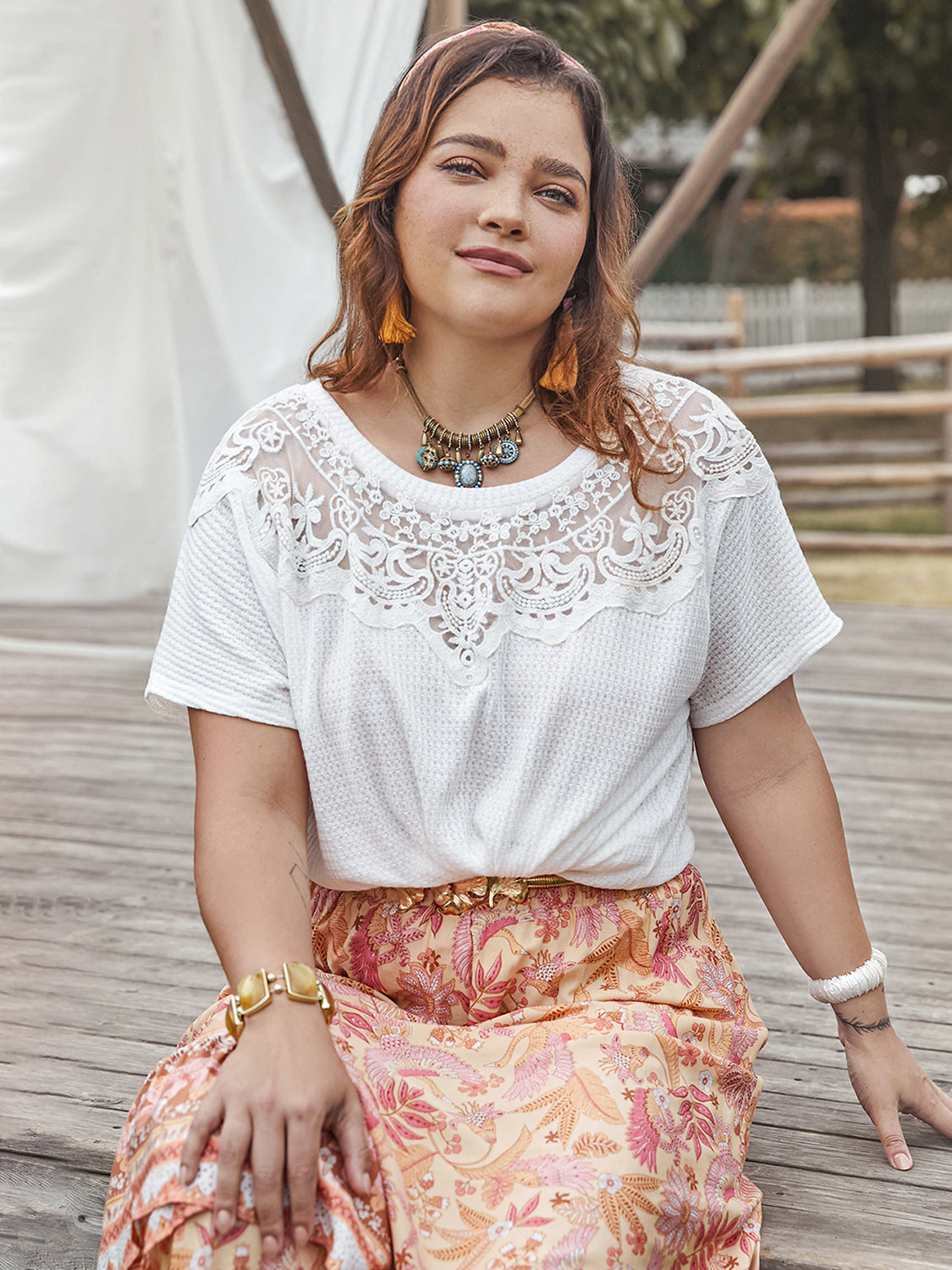 Plus Size Lace Detail Round Neck Short Sleeve Top - -
