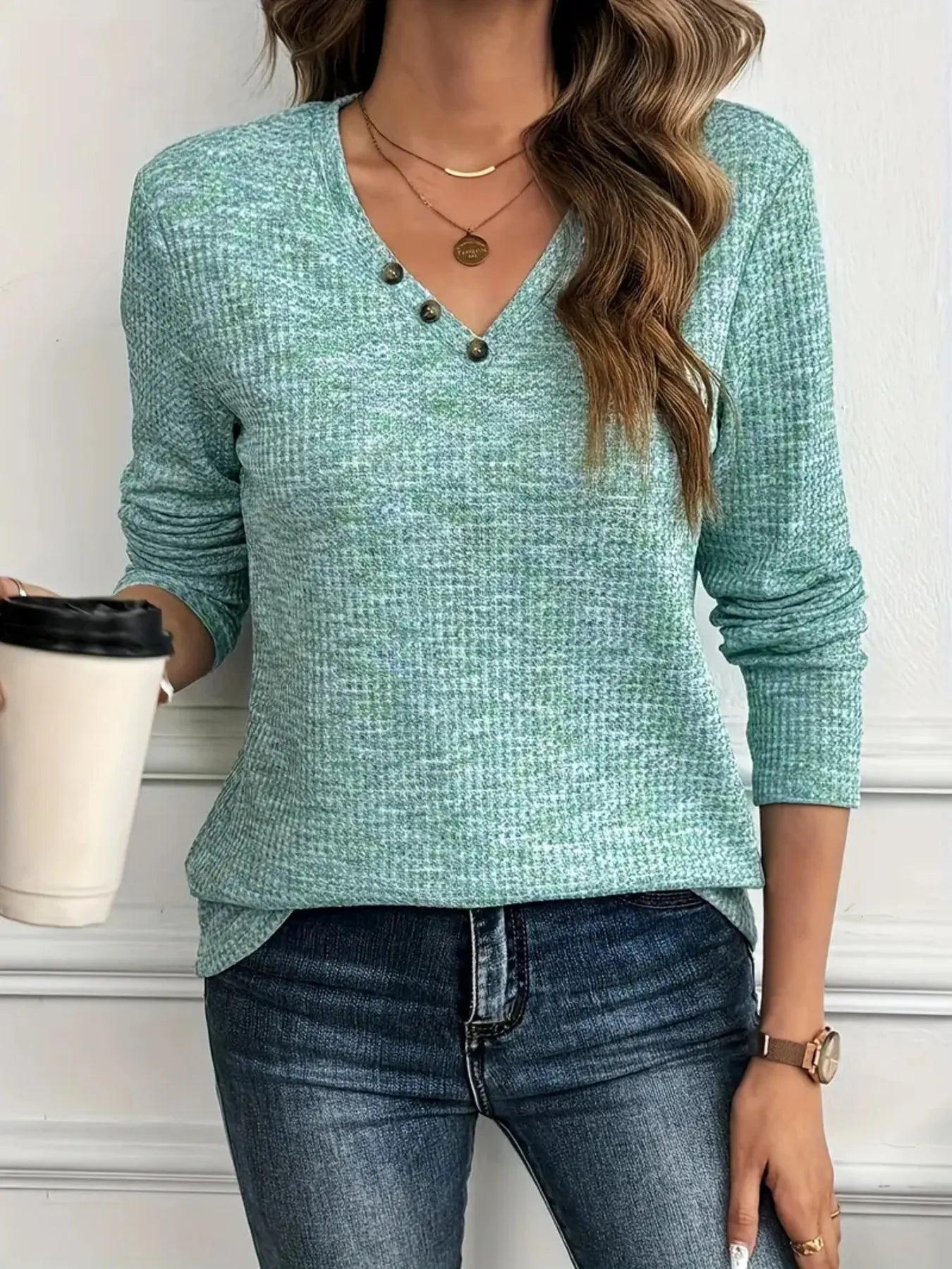 Heathered V-Neck Long Sleeve T-Shirt - -