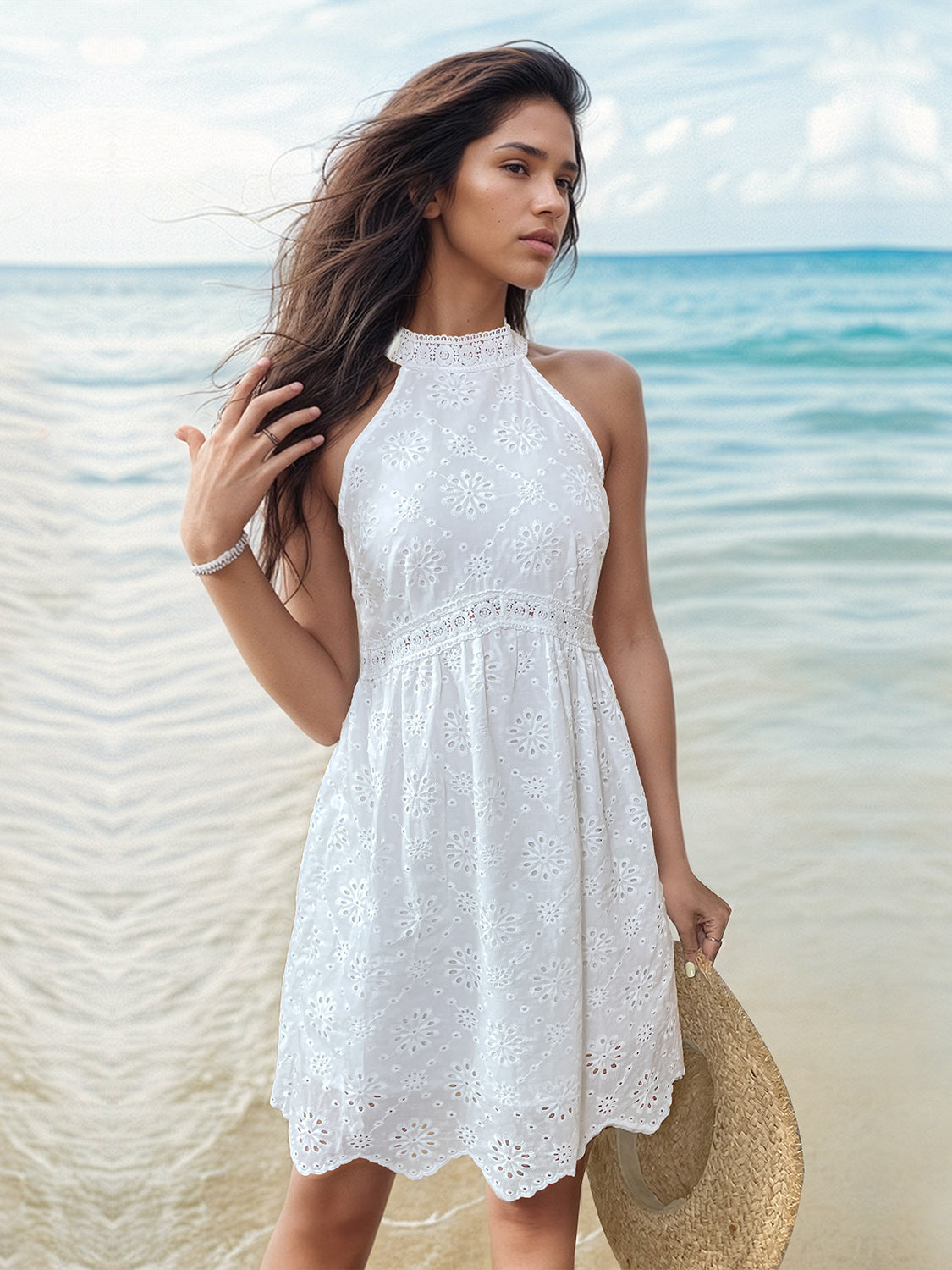 Eyelet Grecian Neck Mini Dress - -