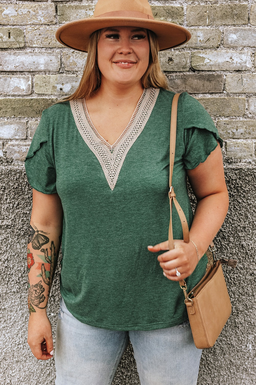 Plus Size Petal Sleeve V-Neck Blouse (Curve Romance) - -