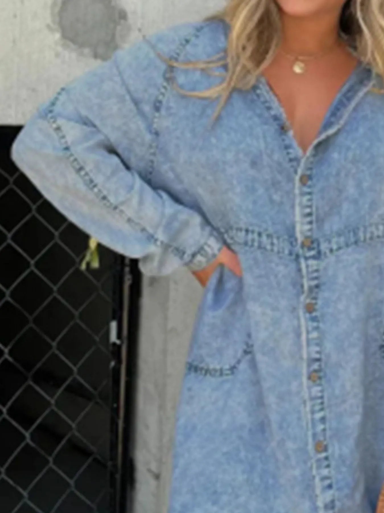 Full Size Button-Front Long Sleeve Denim Shirt Dress Plus Size - -