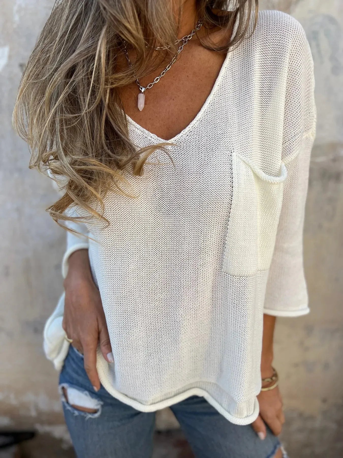 Full Size Casual V-Neck Knit Sweater Plus Size - -