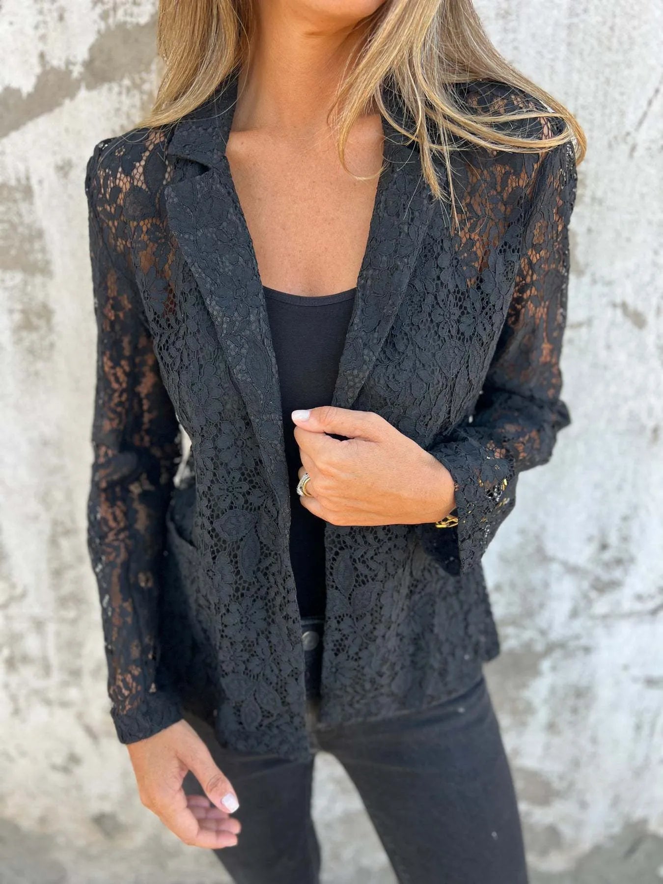 Full Size Lace Open-Front Blazer Plus Size - -