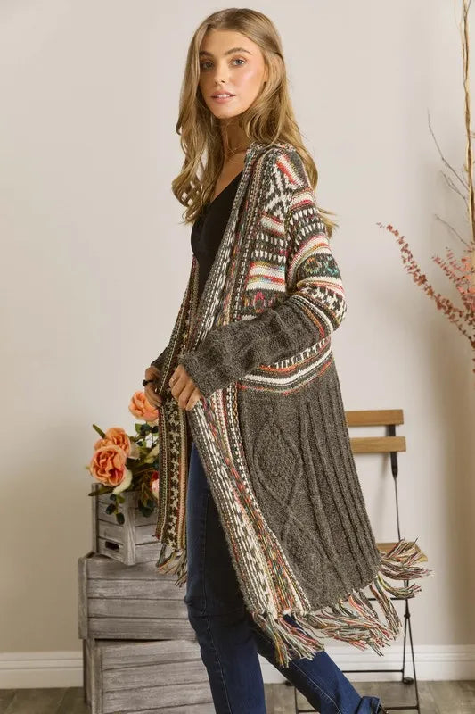 ADORA Full Size Fringe Hem Aztec Cardigan Plus Size.