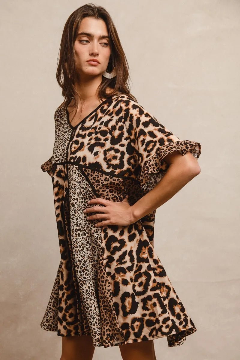 BiBi Leopard Prints Mix and Match Short Sleeves Dress - -