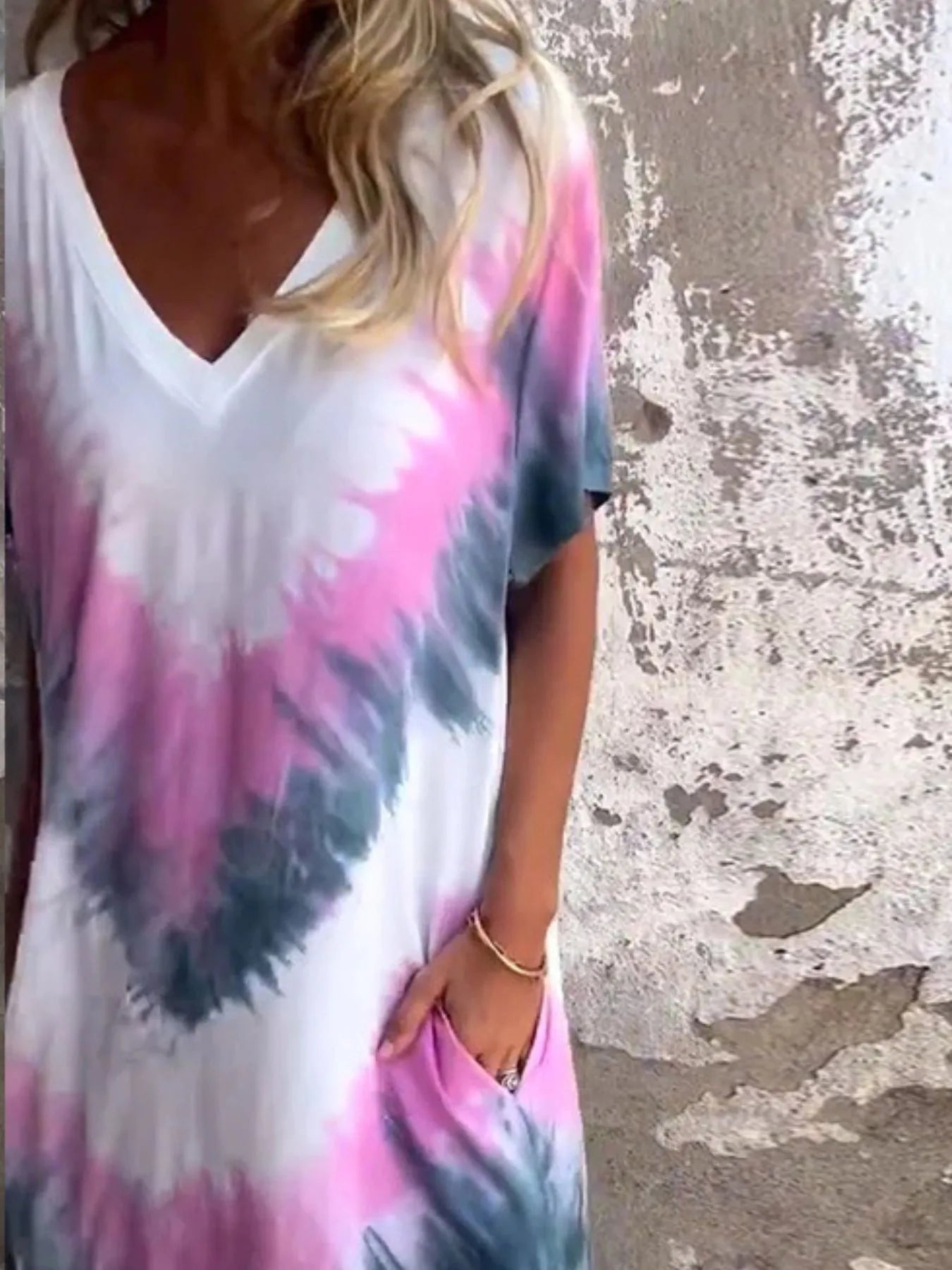 Full Size Tie-Dye V-Neck Midi Dress with Pockets Plus Size - -