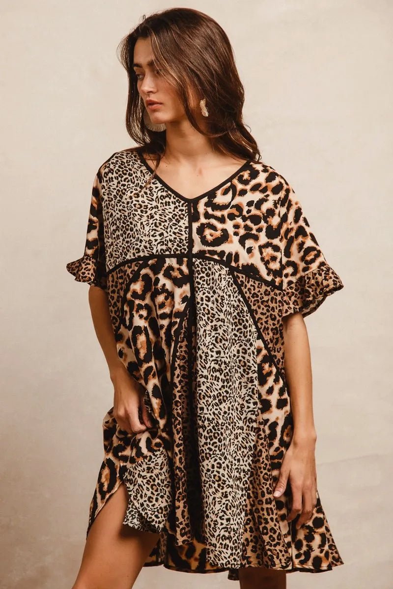 BiBi Leopard Prints Mix and Match Short Sleeves Dress - -