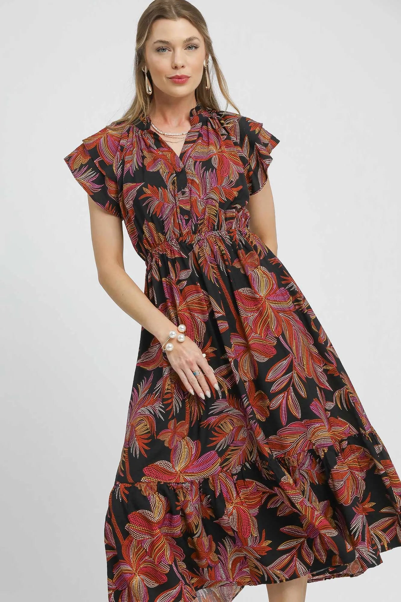 Umgee Mix Ruffle Sleeve Tropical Midi Dress – | Shannon’s Chique Boutique