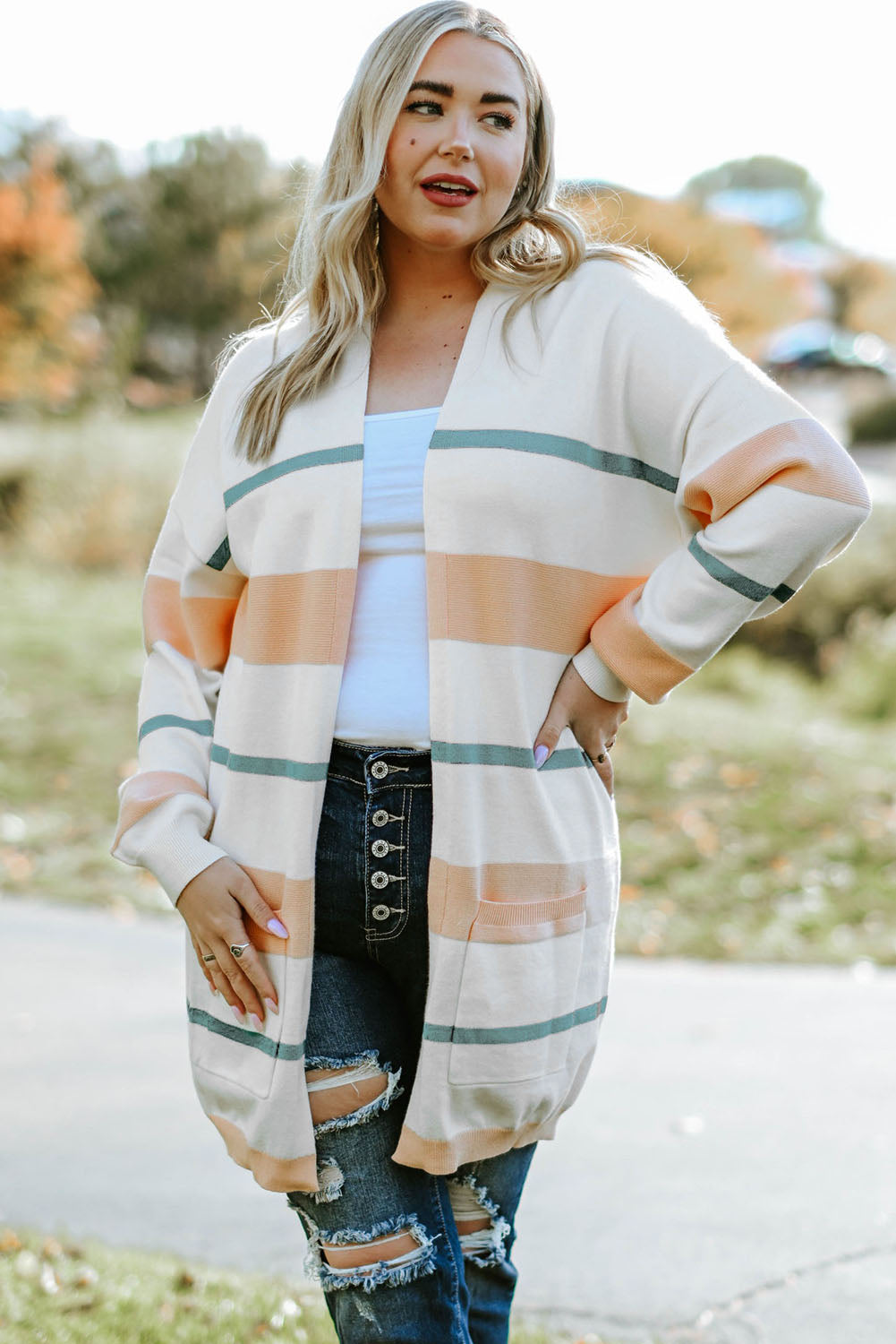 Plus Size Striped Open Front Cardigan - -