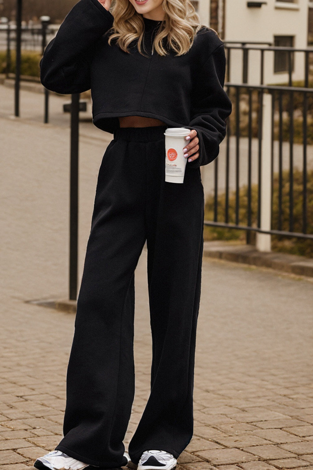 Zip Up Mock Neck Top and Pants Set - -