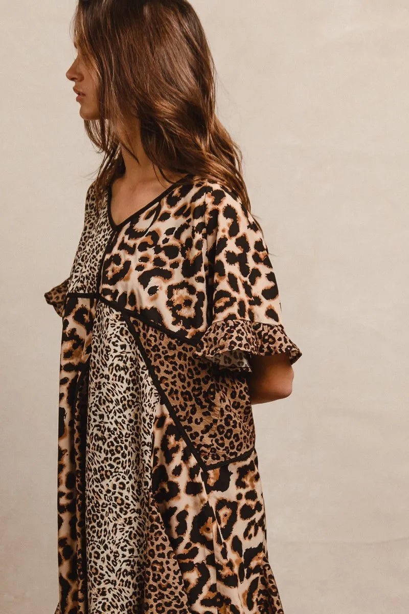 BiBi Leopard Prints Mix and Match Short Sleeves Dress - -