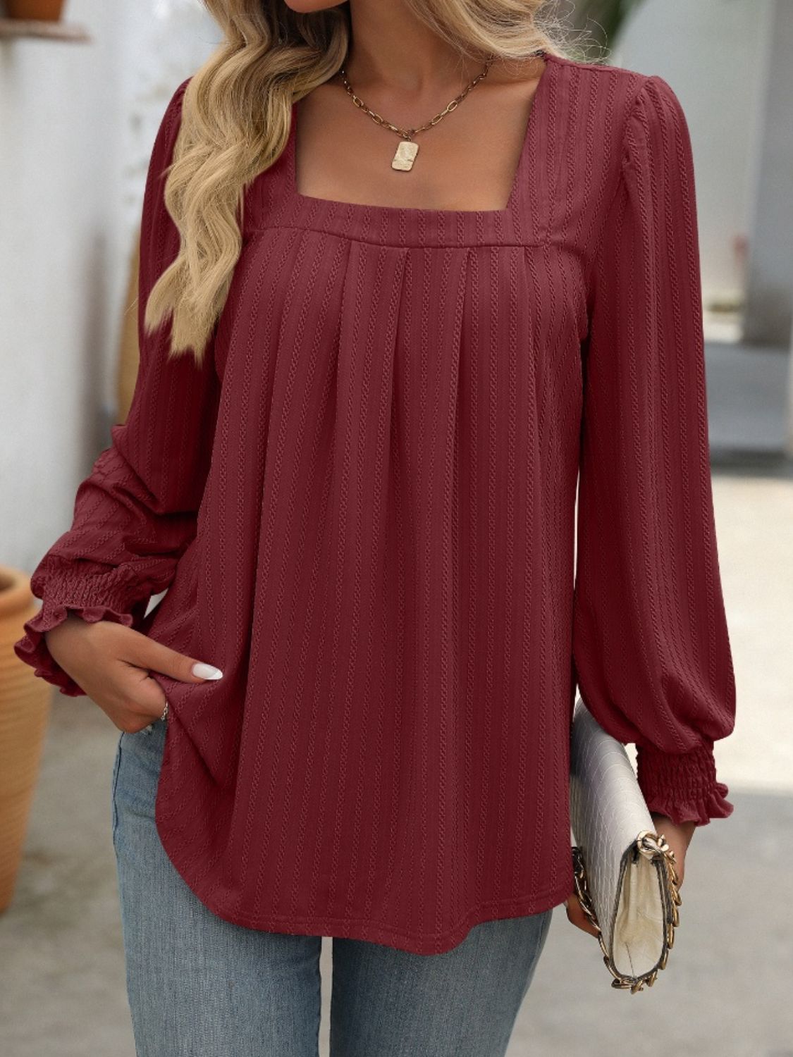 Mandy Square Neck Long Sleeve Top - -