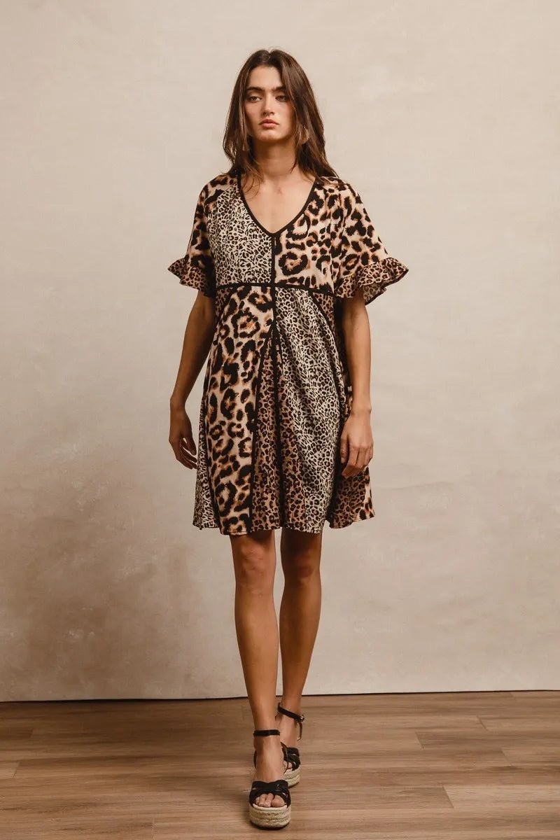 BiBi Leopard Prints Mix and Match Short Sleeves Dress - -