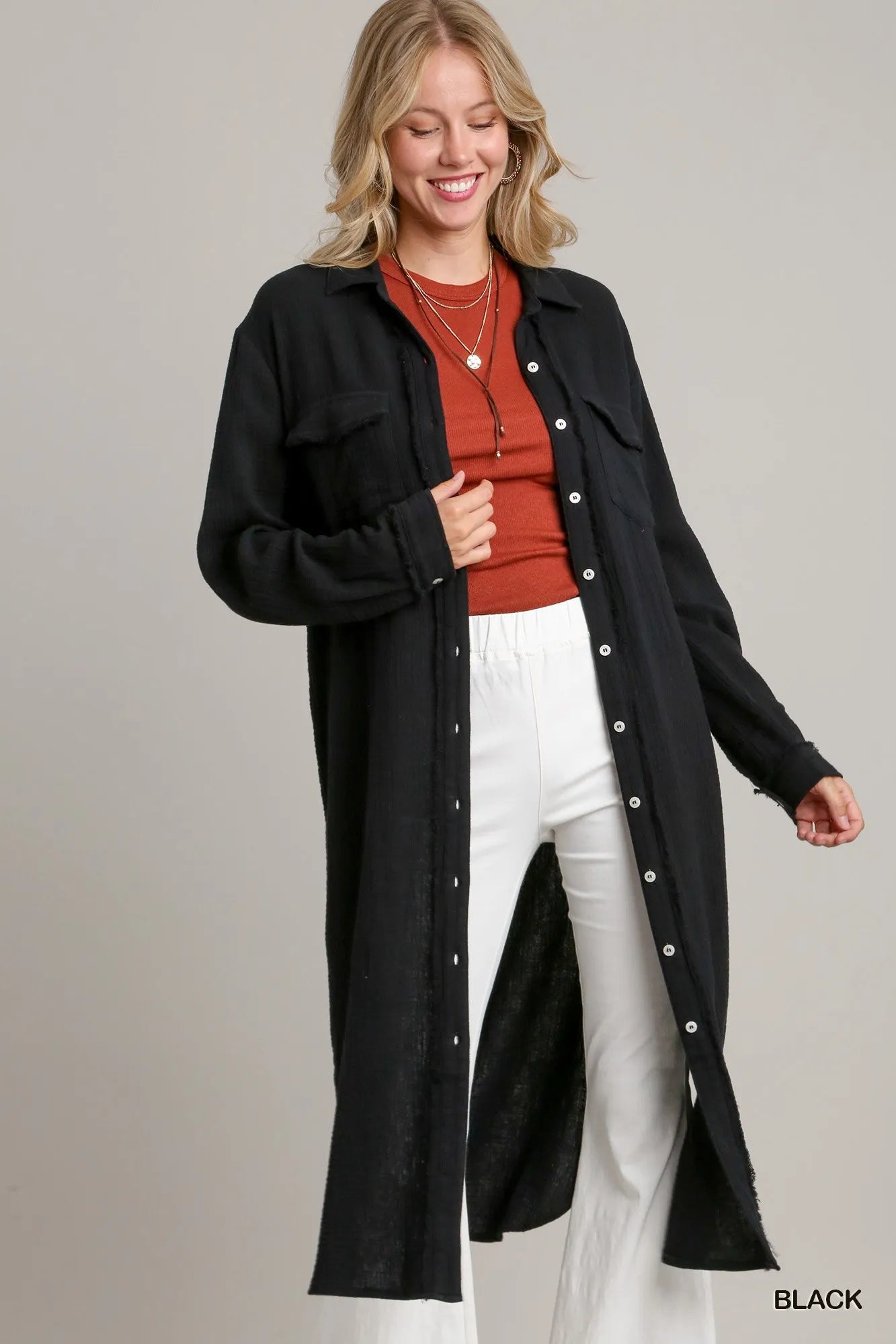 Black Rowan Gauze Shirt Dress – black long shirt dress with front buttons and soft gauze cotton fabric.
