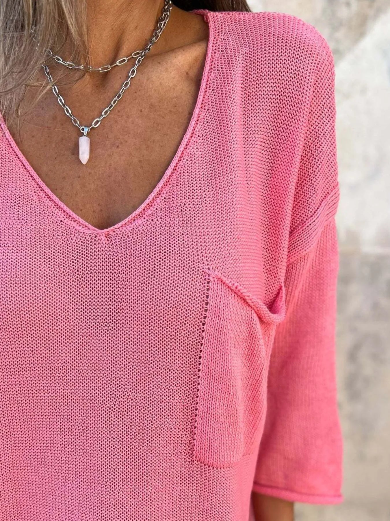 Full Size Casual V-Neck Knit Sweater Plus Size - -