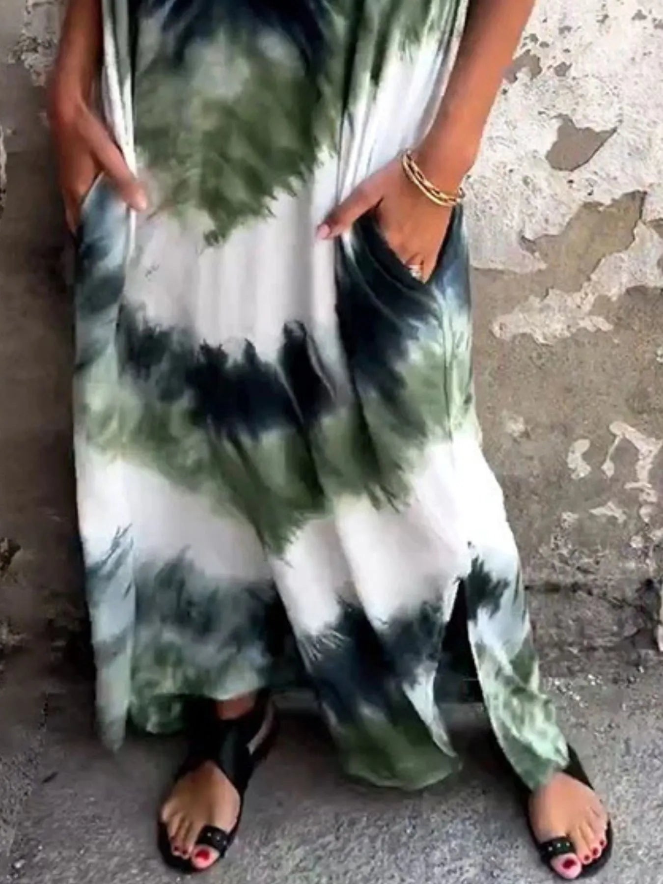 Full Size Tie-Dye V-Neck Midi Dress with Pockets Plus Size - -