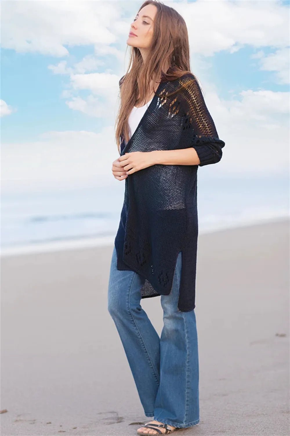 Openwork Side Slit Open Front Long Sleeve Cardigan - -