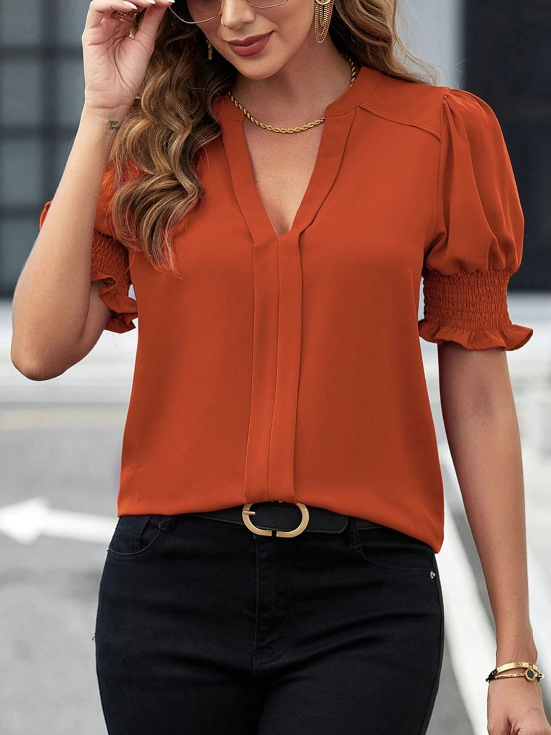 Notched Short Sleeve Blouse - -