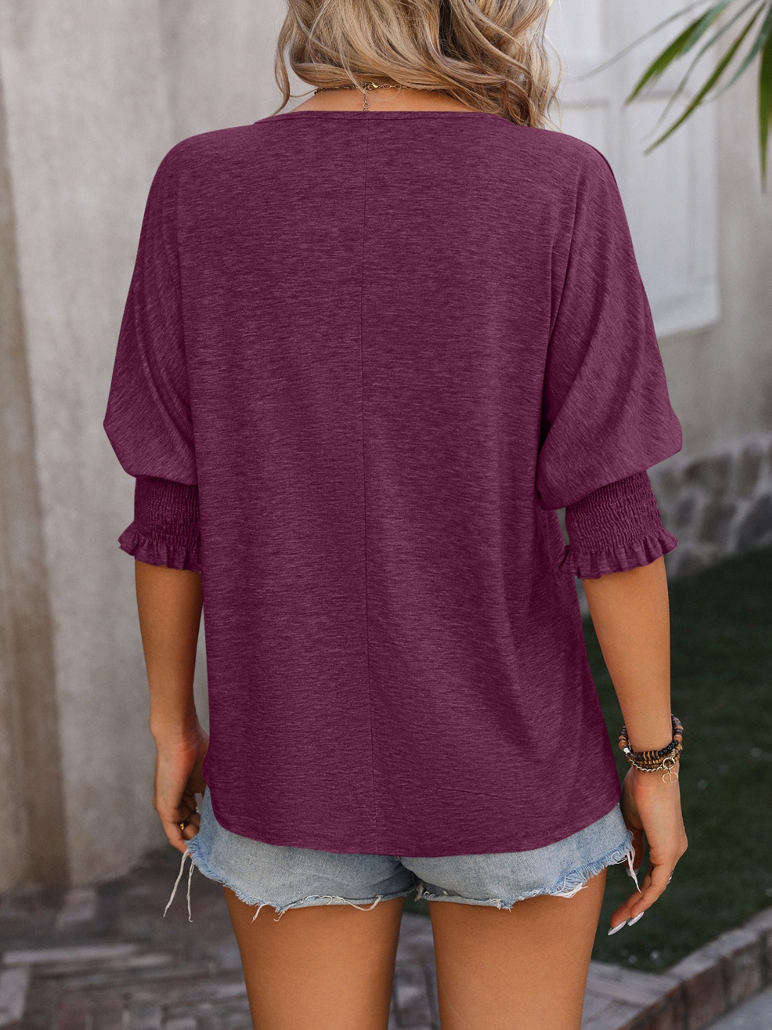 Mandy Heathered Notched Lantern Sleeve Blouse - -