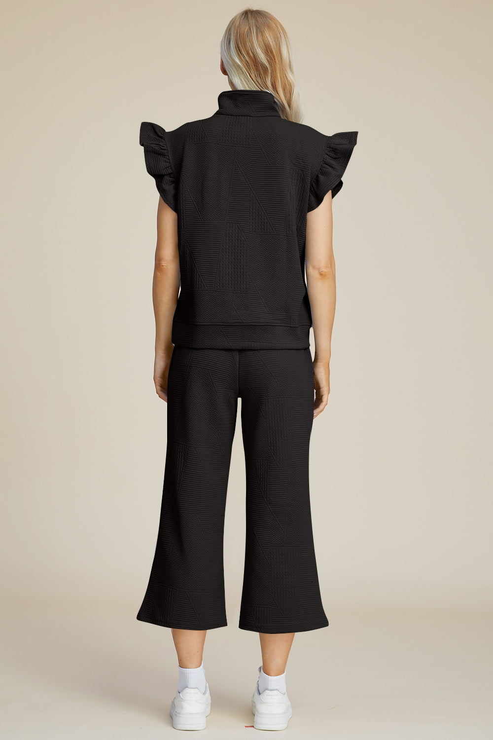 Double Take Full Size Texture Ruffle Short Sleeve Top and Wide Leg Pants Set - -