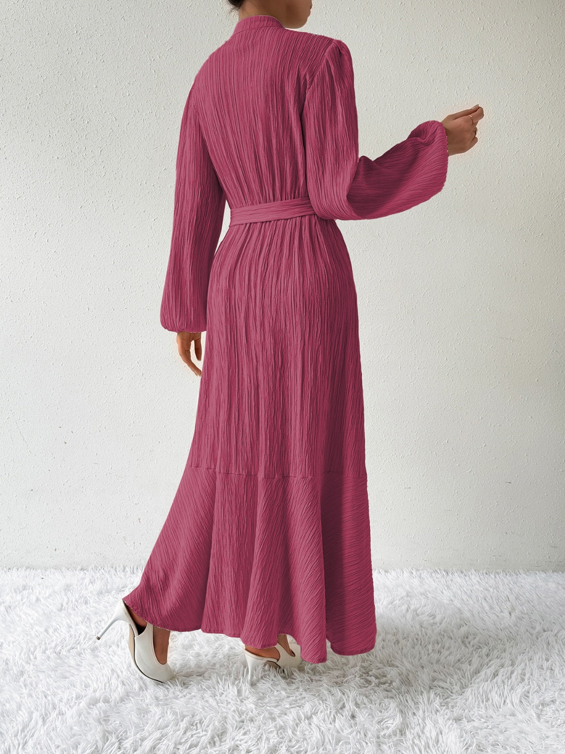 Tie Waist Long Sleeve Dress - -