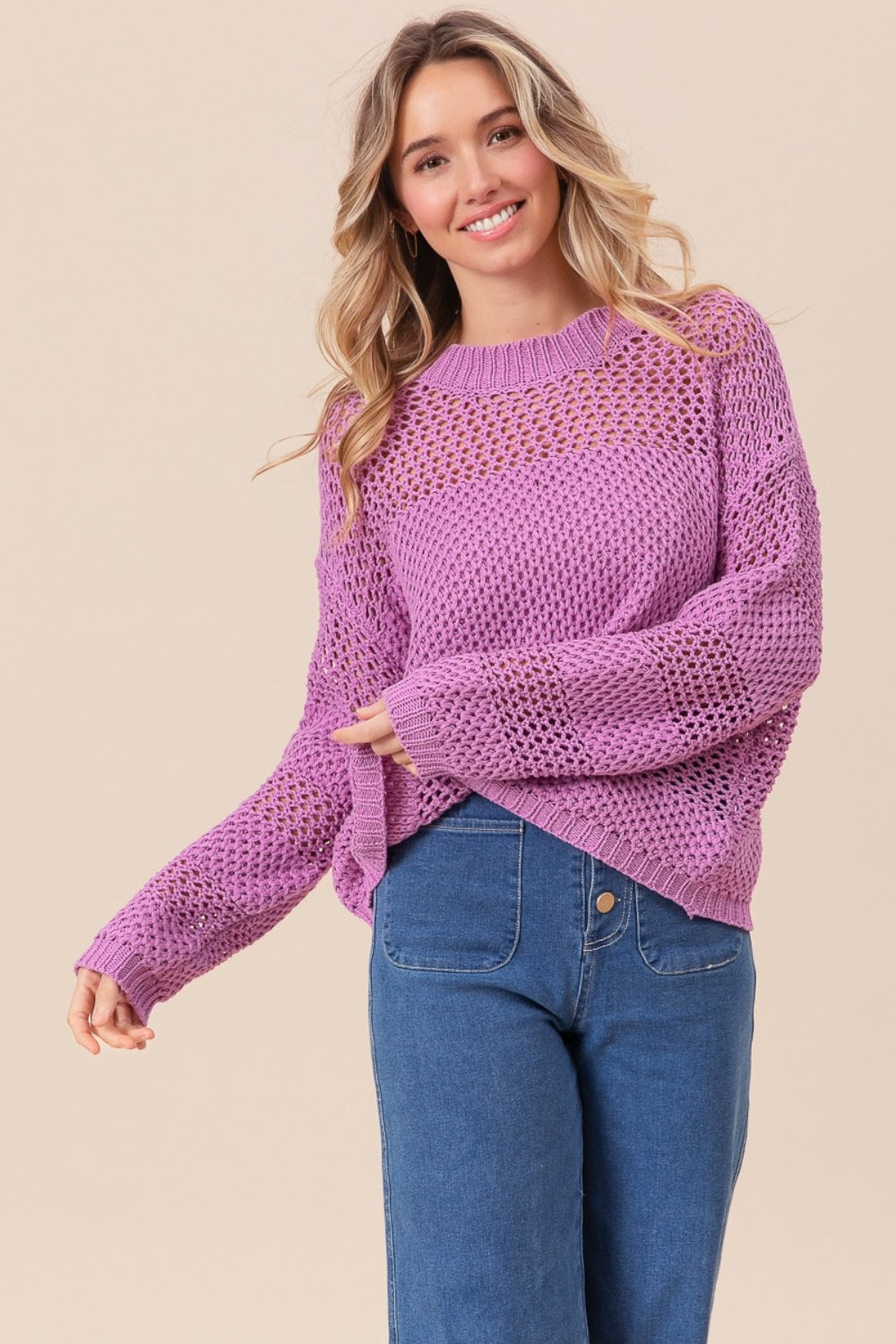 BiBi Openwork Long Sleeve Knit Top - -