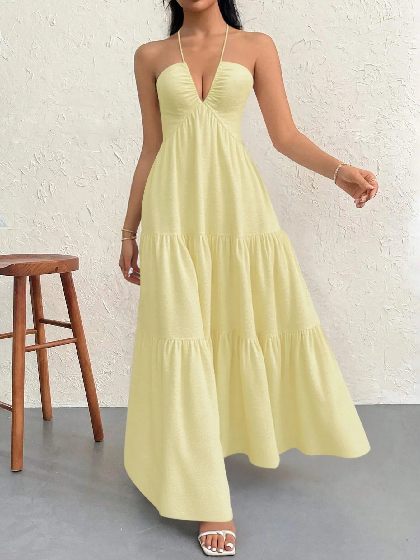 Luxe Halter Tiered Maxi Dress - Elevated Backless Statement - Yellow -
