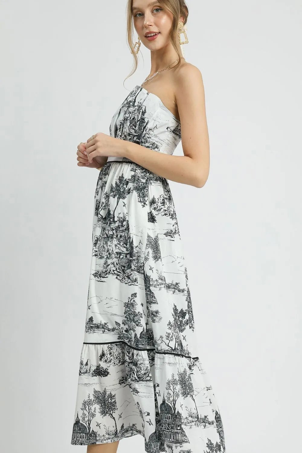 Umgee Printed Tiered Tube Midi Dress - -
