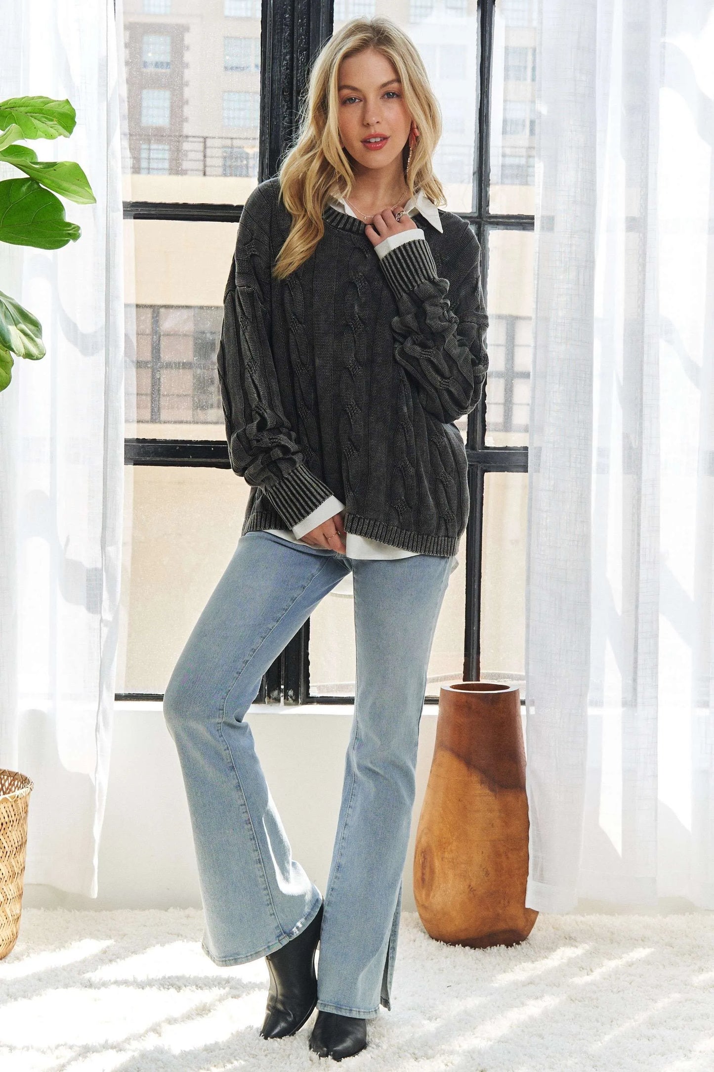 ADORA Mineral Washed Cable Knit Sweater Top.
