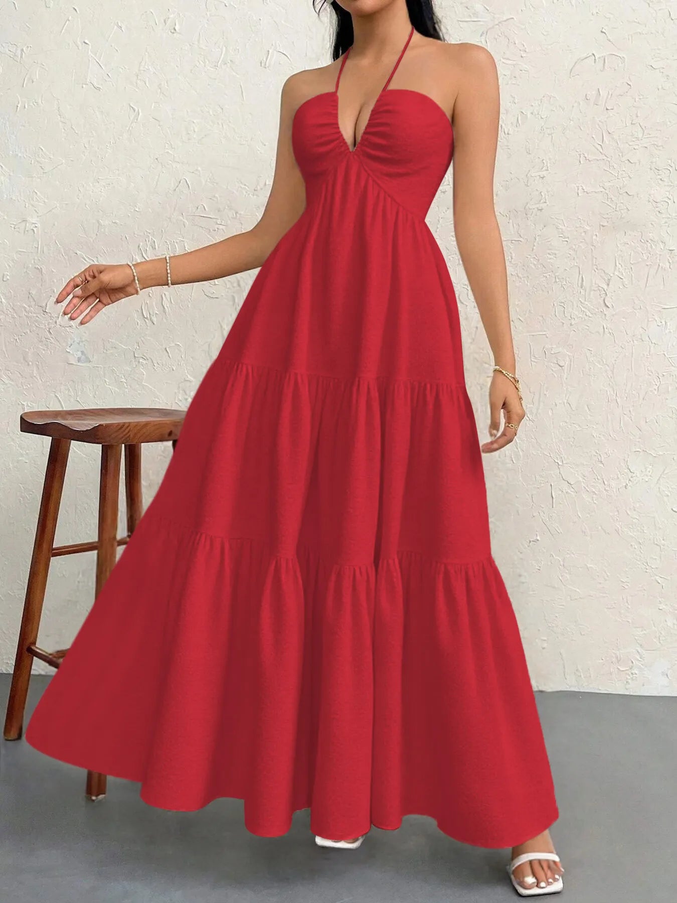 Luxe Halter Tiered Maxi Dress - Elevated Backless Statement - -