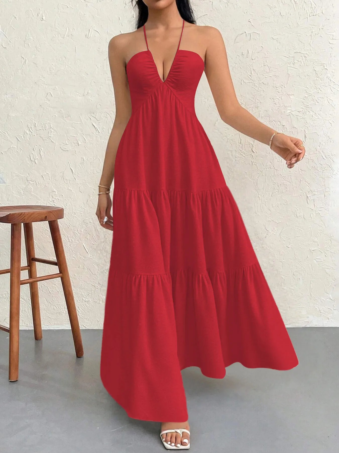 Luxe Halter Tiered Maxi Dress - Elevated Backless Statement - Red -
