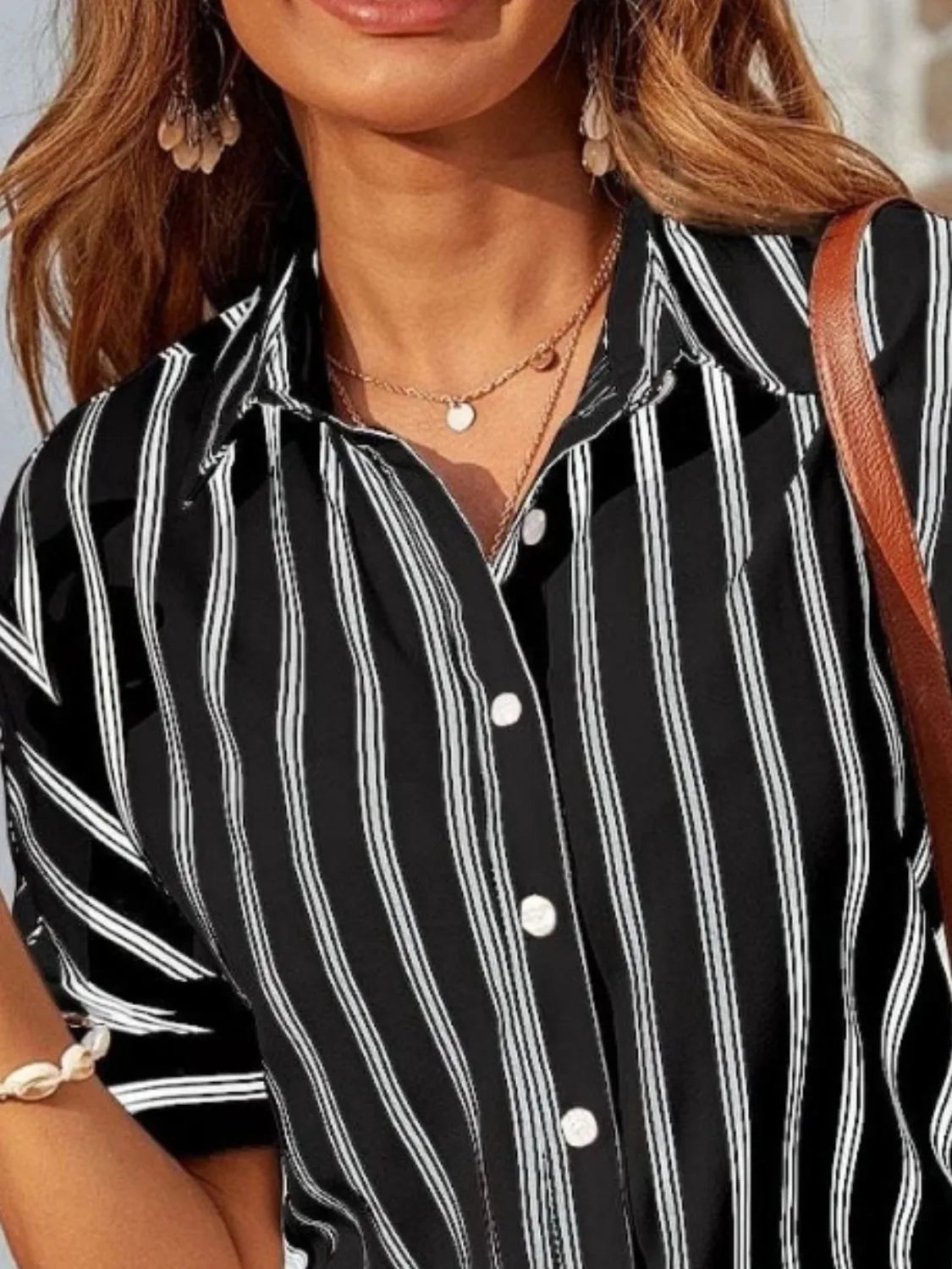 Striped Collared Neck Half Sleeve Shirt - -